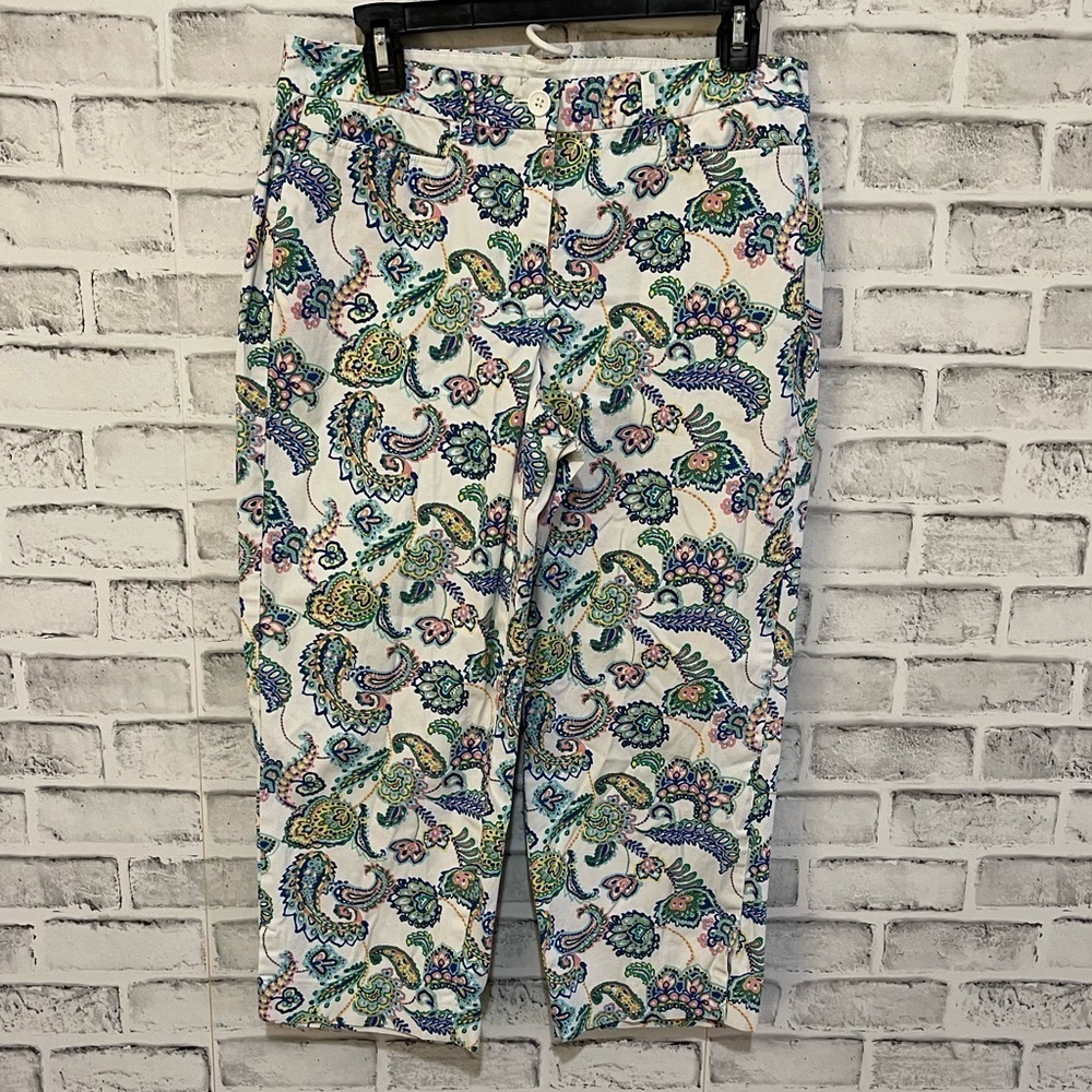 Women’s Talbots white w/ vibrant colors perfect skimmer curvy cropped pants 6